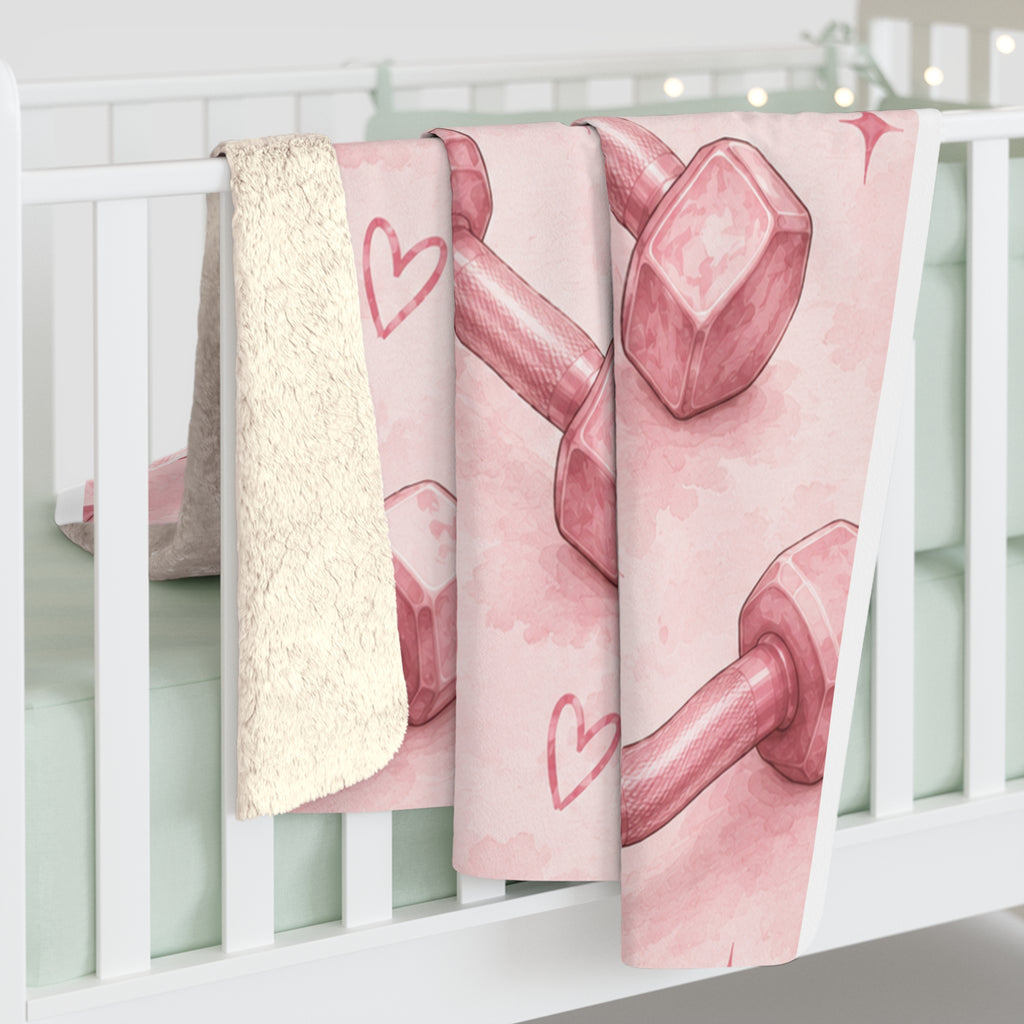 Pink Dumbbell Sherpa Blanket — Cozy Fitness Fleece Throw