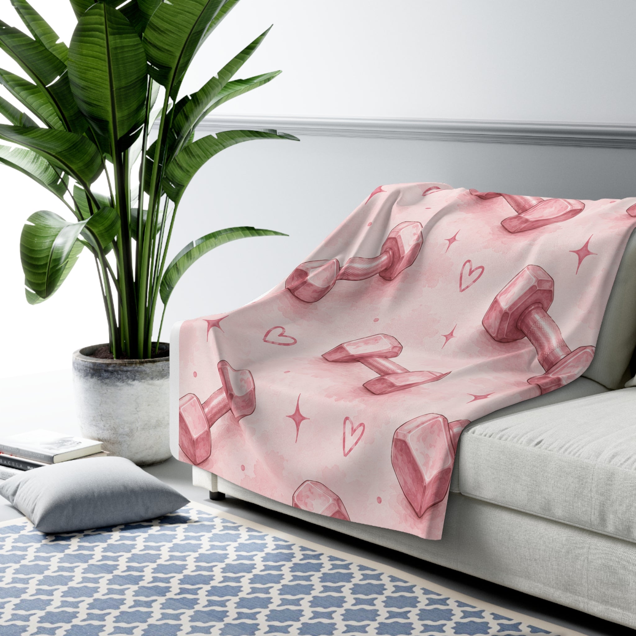 Pink Dumbbell Sherpa Blanket — Cozy Fitness Fleece Throw