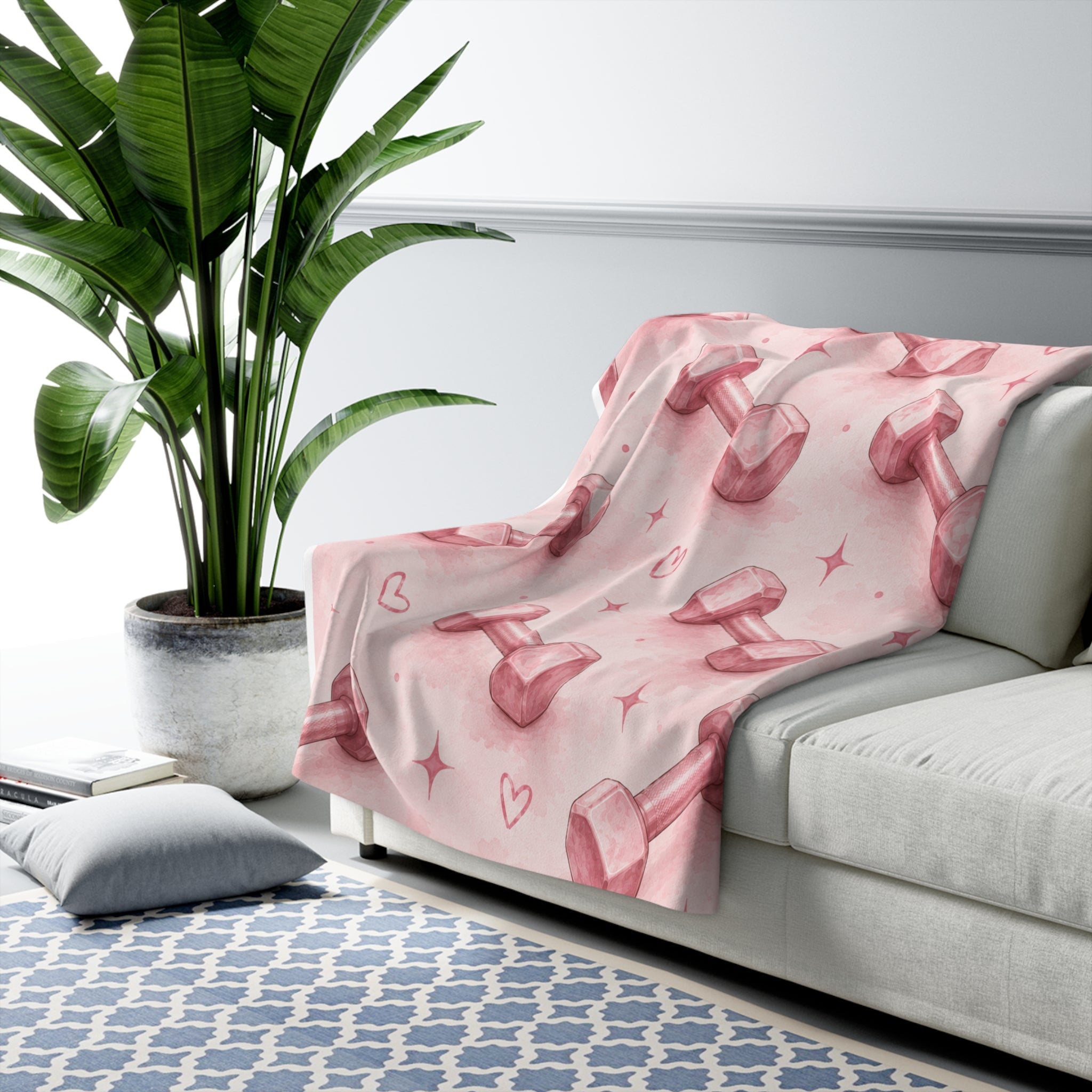 Pink Dumbbell Sherpa Blanket — Cozy Fitness Fleece Throw
